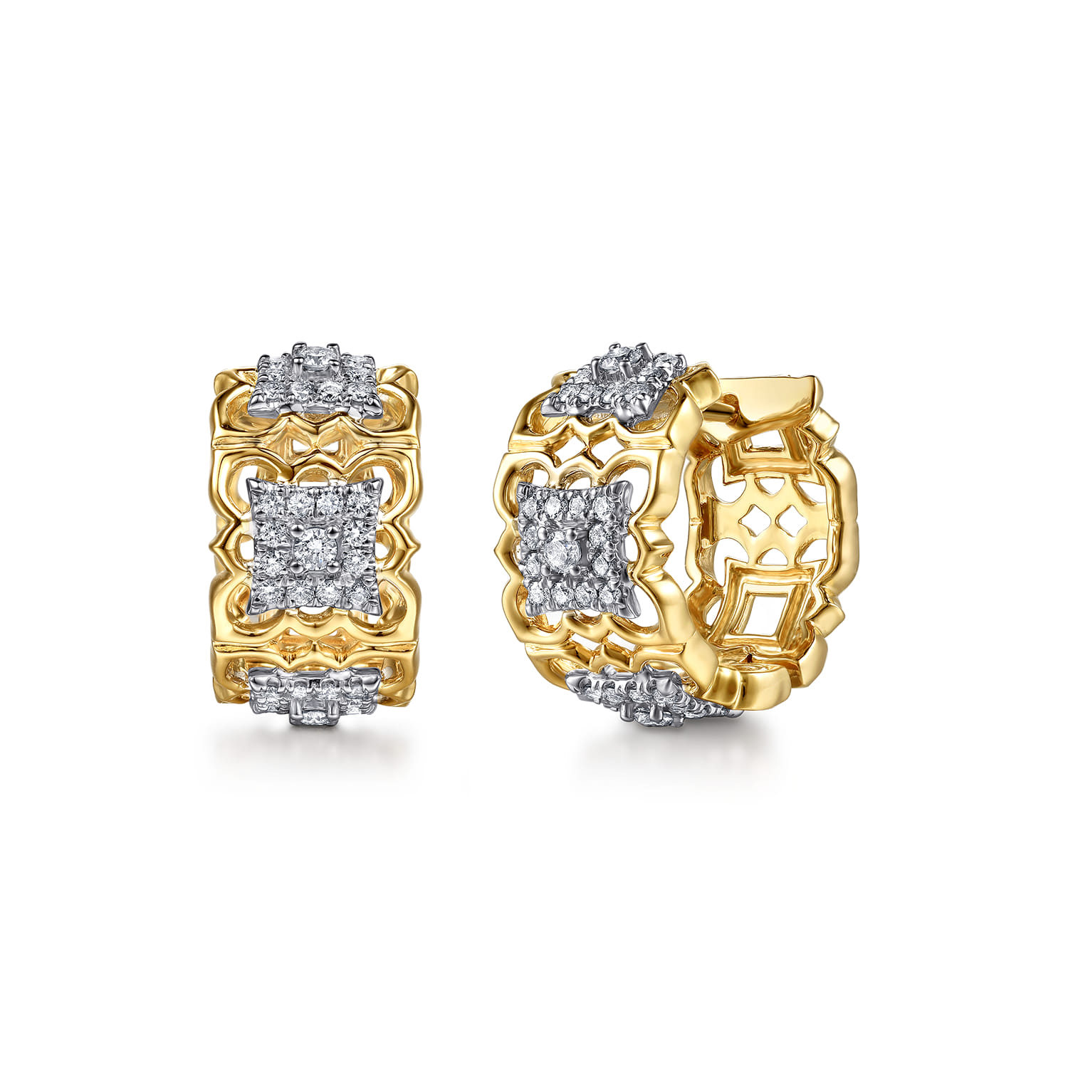 Byzantine Flower - 18K White  Yellow Gold Diamond Floral Huggie Earrings