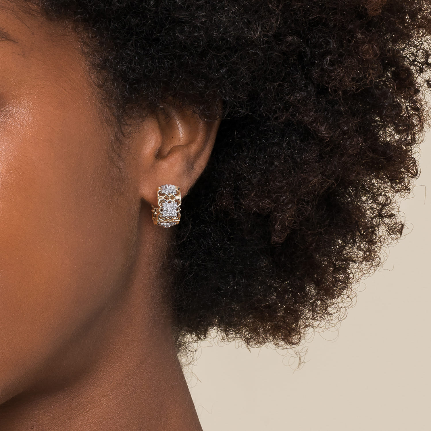 Byzantine Flower - 18K White  Yellow Gold Diamond Floral Huggie Earrings