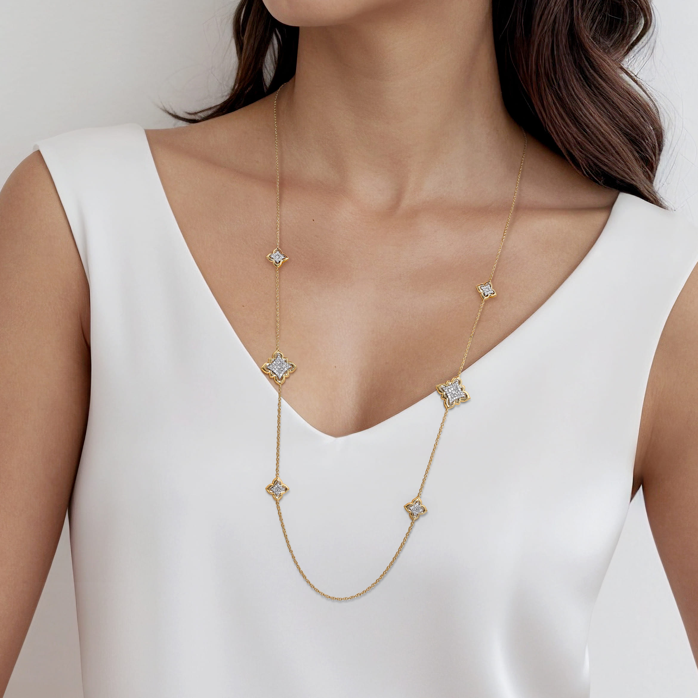 Byzantine Flower - 18K White  Yellow Gold Diamond Floral Station Necklace