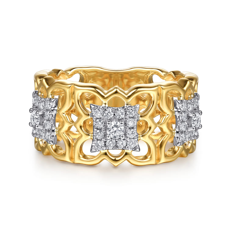 Byzantine Flower - 18K White  Yellow Gold Diamond Floral Wide Band Ring - 0.37 ct - Shot 1