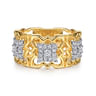 Byzantine Flower - 18K White  Yellow Gold Diamond Floral Wide Band Ring - 0.37 ct
