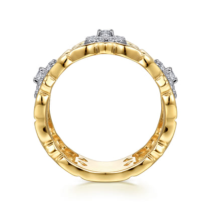 Byzantine Flower - 18K White  Yellow Gold Diamond Floral Wide Band Ring