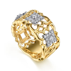 Byzantine Flower - 18K White  Yellow Gold Diamond Floral Wide Band Ring