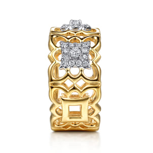 Byzantine Flower - 18K White  Yellow Gold Diamond Floral Wide Band Ring