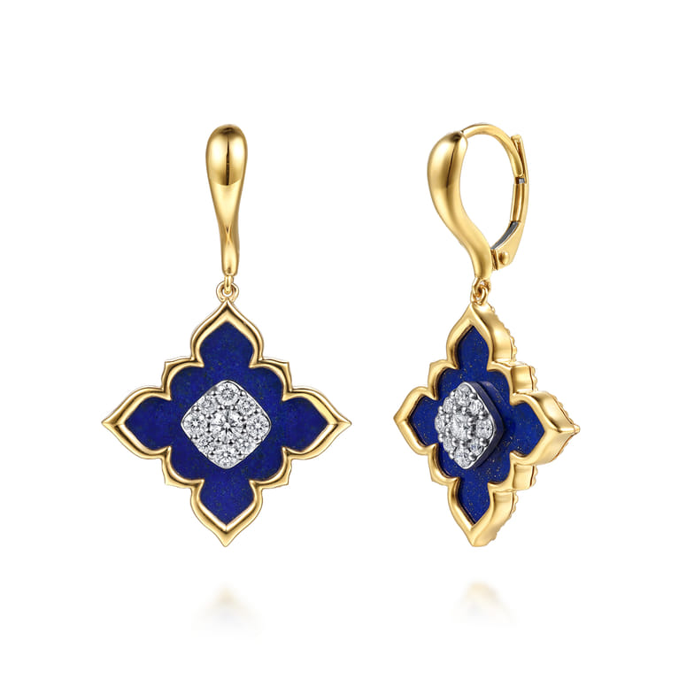 Byzantine Flower - 18K White  Yellow Gold Diamond and Lapis Floral Drop Earrings - 0.52 ct - Shot 1