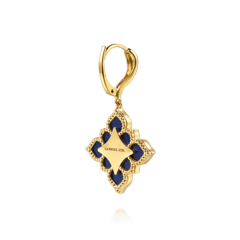 Byzantine Flower - 18K White  Yellow Gold Diamond and Lapis Floral Drop Earrings - 0.52 ct - Shot 2