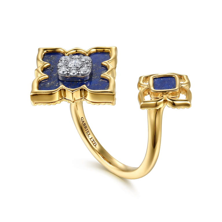 Byzantine Flower - 18K White  Yellow Gold Diamond and Lapis Floral Open Ring - 0.26 ct - Shot 3