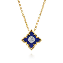 Byzantine Flower - 18K White  Yellow Gold Diamond and Lapis Floral Pendant Necklace