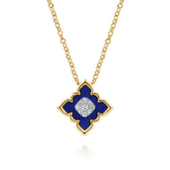 Byzantine Flower - 18K White  Yellow Gold Diamond and Lapis Floral Pendant Necklace