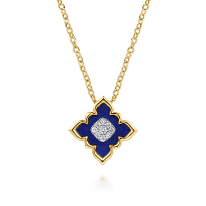 Byzantine Flower - 18K White  Yellow Gold Diamond and Lapis Floral Pendant Necklace