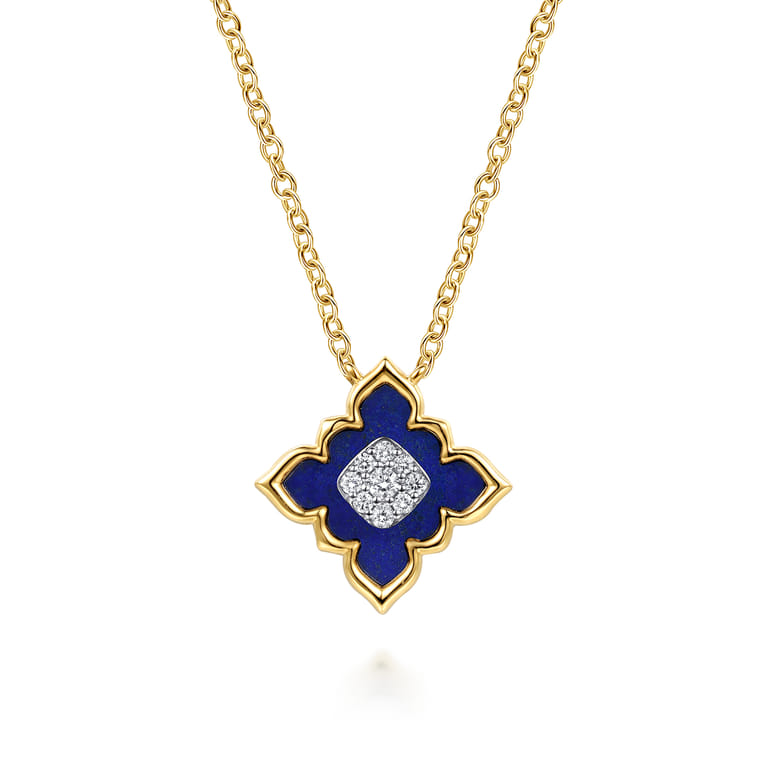 Byzantine Flower - 18K White  Yellow Gold Diamond and Lapis Floral Pendant Necklace - 0.09 ct - Shot 1