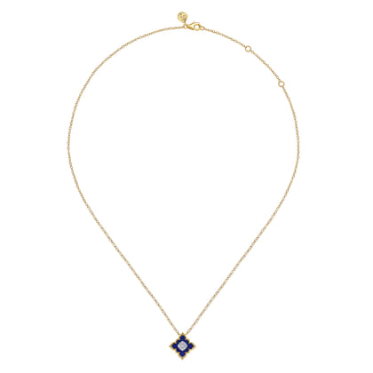 Byzantine Flower - 18K White  Yellow Gold Diamond and Lapis Floral Pendant Necklace