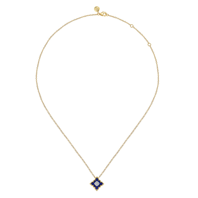 Byzantine Flower - 18K White  Yellow Gold Diamond and Lapis Floral Pendant Necklace - 0.09 ct - Shot 2