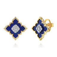Byzantine Flower - 18K White  Yellow Gold Diamond and Lapis Floral Stud Earrings