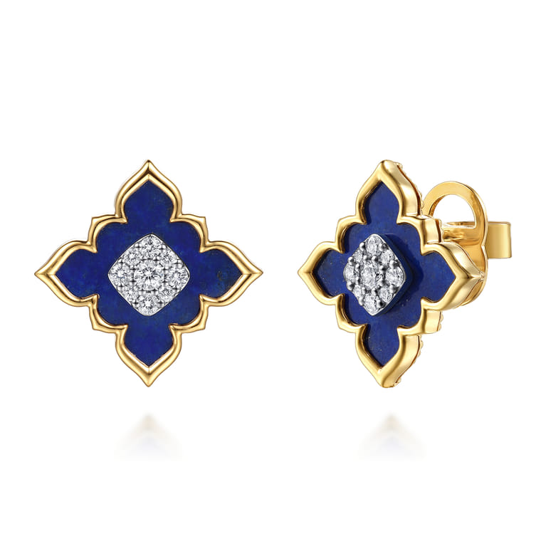 Byzantine Flower - 18K White  Yellow Gold Diamond and Lapis Floral Stud Earrings - 0.52 ct - Shot 1