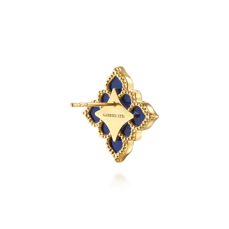 Byzantine Flower - 18K White  Yellow Gold Diamond and Lapis Floral Stud Earrings - 0.52 ct - Shot 2
