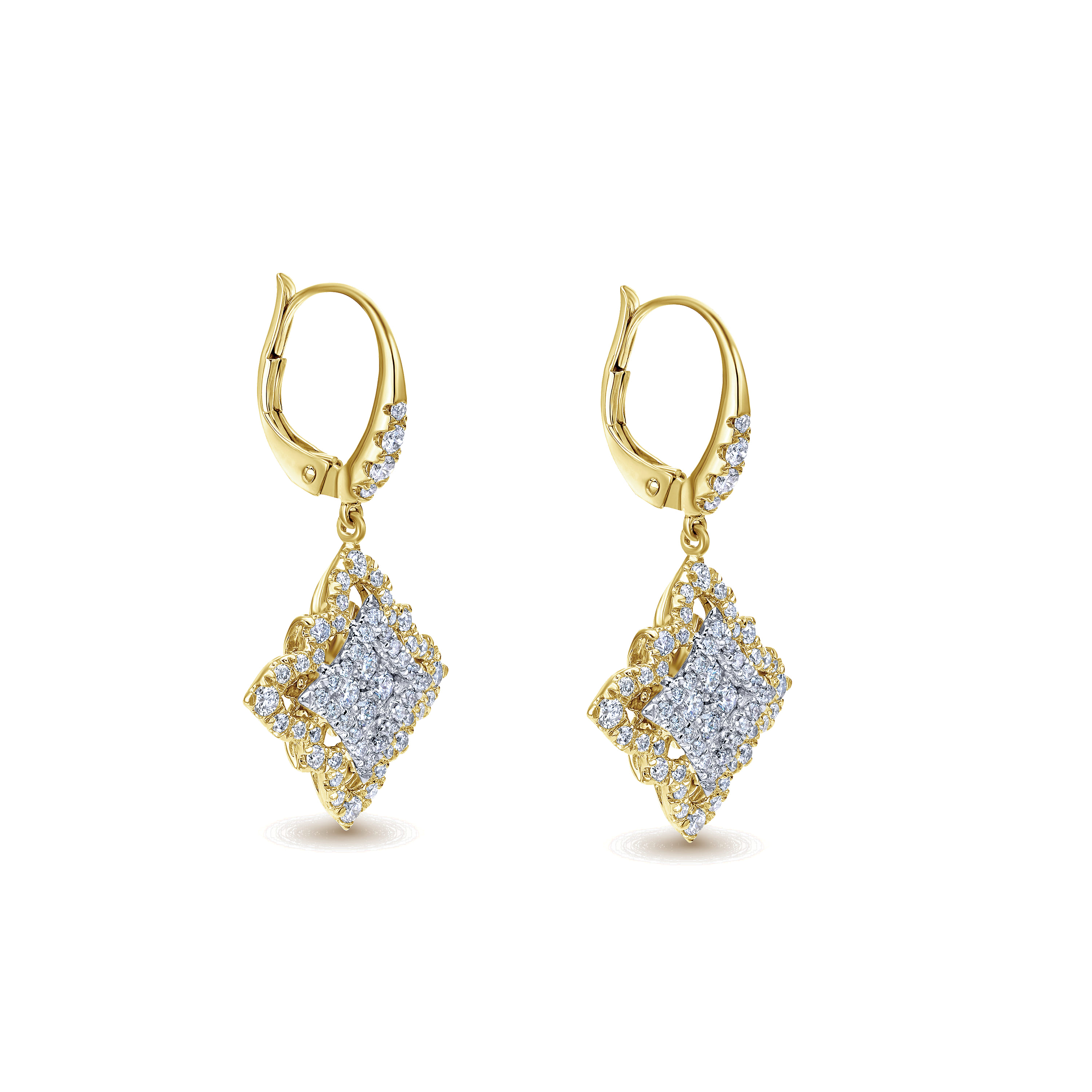 Byzantine Flower - 18K White-Yellow Gold Floral Diamond Drop Earrings