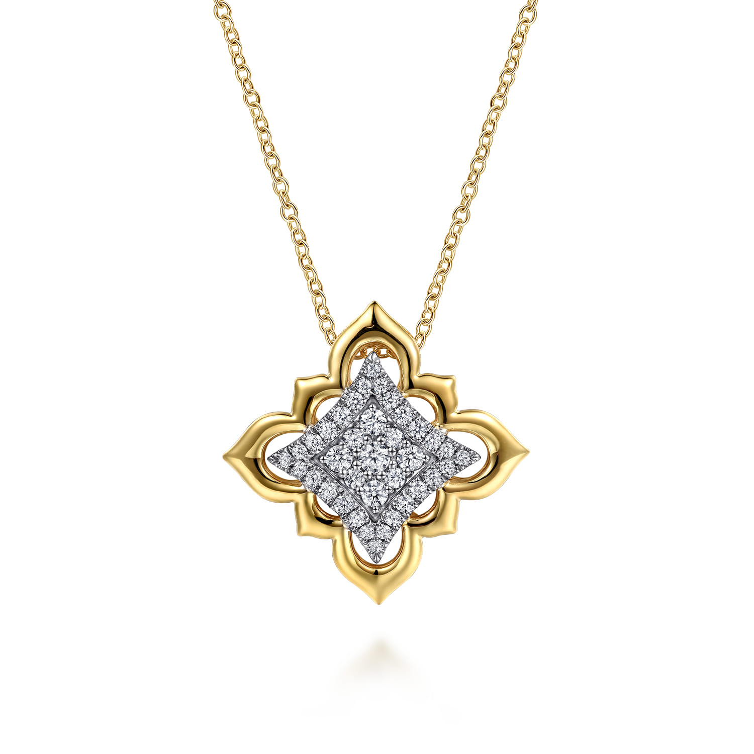 Byzantine Flower - 18K White  Yellow Gold Graduating Diamond Floral Pendant Necklace