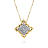 Byzantine Flower - 18K White  Yellow Gold Graduating Diamond Floral Pendant Necklace