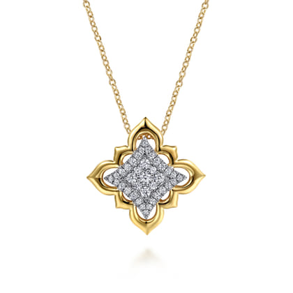 Byzantine Flower - 18K White  Yellow Gold Graduating Diamond Floral Pendant Necklace
