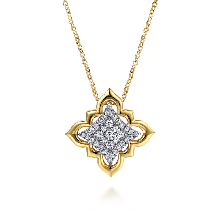 Byzantine Flower - 18K White  Yellow Gold Graduating Diamond Floral Pendant Necklace - 0.75 ct - Shot 1