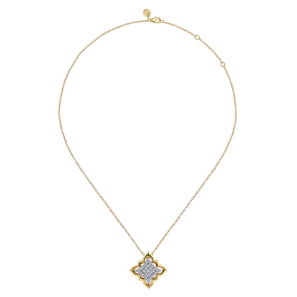 Byzantine Flower - 18K White  Yellow Gold Graduating Diamond Floral Pendant Necklace