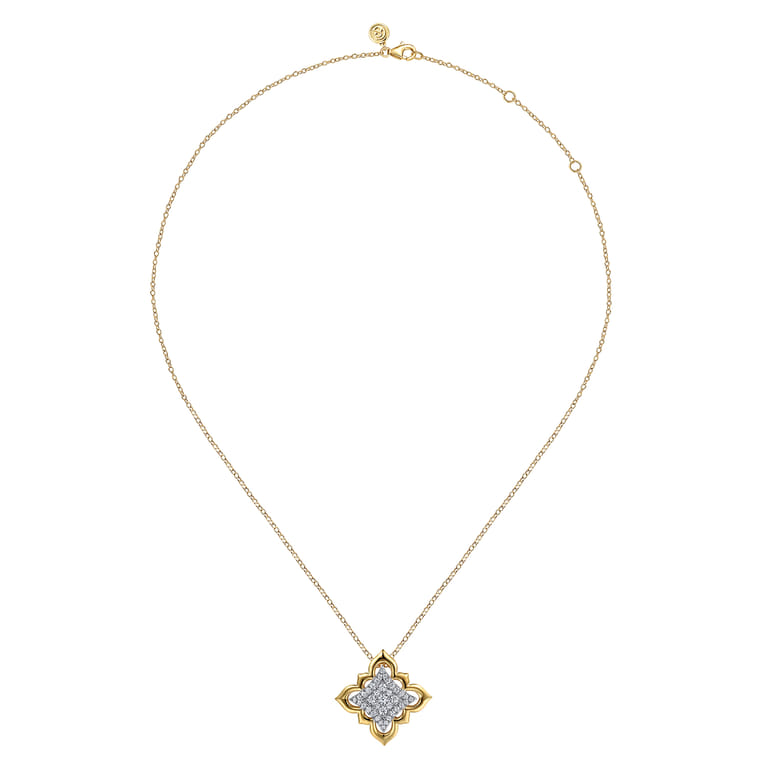 Byzantine Flower - 18K White  Yellow Gold Graduating Diamond Floral Pendant Necklace - 0.75 ct - Shot 2