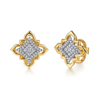 Byzantine Flower - 18K White  Yellow Gold Graduating Diamond Floral Stud Earrings