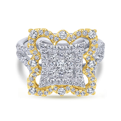Byzantine Flower - 18K White-Yellow Gold Intricate Square Diamond Pave Statement Ring
