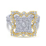Byzantine Flower - 18K White-Yellow Gold Intricate Square Diamond Pave Statement Ring - 1.14 ct