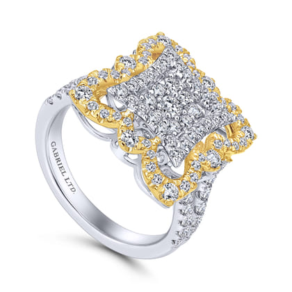 Byzantine Flower - 18K White-Yellow Gold Intricate Square Diamond Pave Statement Ring
