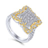 Byzantine Flower - 18K White-Yellow Gold Intricate Square Diamond Pave Statement Ring - 1.14 ct