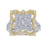 Byzantine Flower - 18K White-Yellow Gold Intricate Square Diamond Pave Statement Ring - 1.14 ct