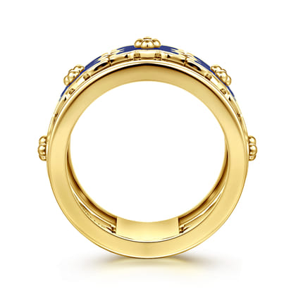 Byzantine Flower - 18K Yellow Gold Beaded Floral Drop Necklace with Chrome Blue Enamel