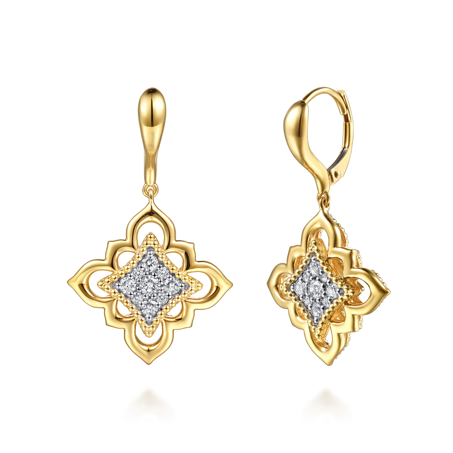 Byzantine Flower - 18K Yellow Gold Bujukan and Diamond Floral Leverback Drop Earrings
