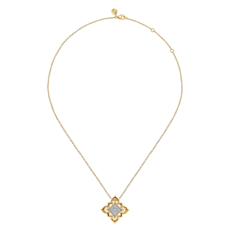 Byzantine Flower - 18K Yellow Gold Bujukan and Diamond Floral Pendant Necklace - 0.55 ct - Shot 2