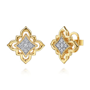 Byzantine Flower - 18K Yellow Gold Bujukan and Diamond Floral Stud Earrings