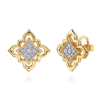 Byzantine Flower - 18K Yellow Gold Bujukan and Diamond Floral Stud Earrings