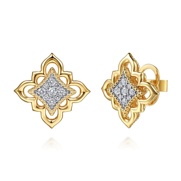 Byzantine Flower - 18K Yellow Gold Bujukan and Diamond Floral Stud Earrings - 0.58 ct - Shot 1
