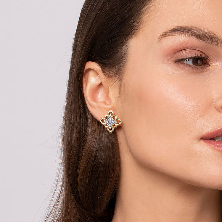 Byzantine Flower - 18K Yellow Gold Bujukan and Diamond Floral Stud Earrings