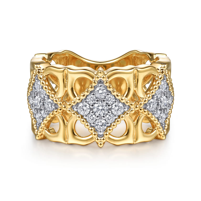 Byzantine Flower - 18K Yellow Gold Bujukan and Diamond Floral Wide Band Ring - 0.5 ct - Shot 1