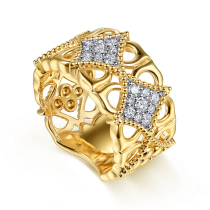 Byzantine Flower - 18K Yellow Gold Bujukan and Diamond Floral Wide Band Ring