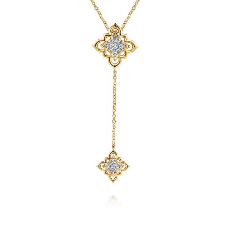 Byzantine Flower - 18K Yellow Gold Bujukan and Diamond Floral Y Necklace - 0.4 ct - Shot 1