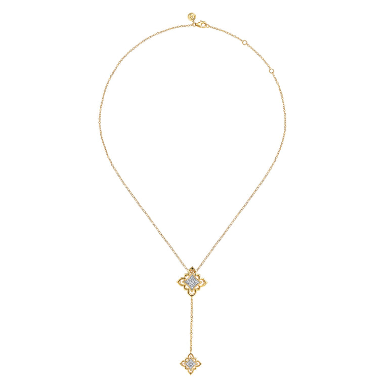 Byzantine Flower - 18K Yellow Gold Bujukan and Diamond Floral Y Necklace - 0.4 ct - Shot 2