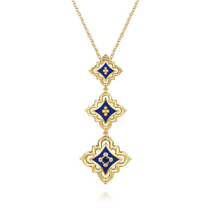 Byzantine Flower - 18K Yellow Gold Diamond and Blue Sapphire Beaded Floral Drop Necklace with Chrome Blue Enamel