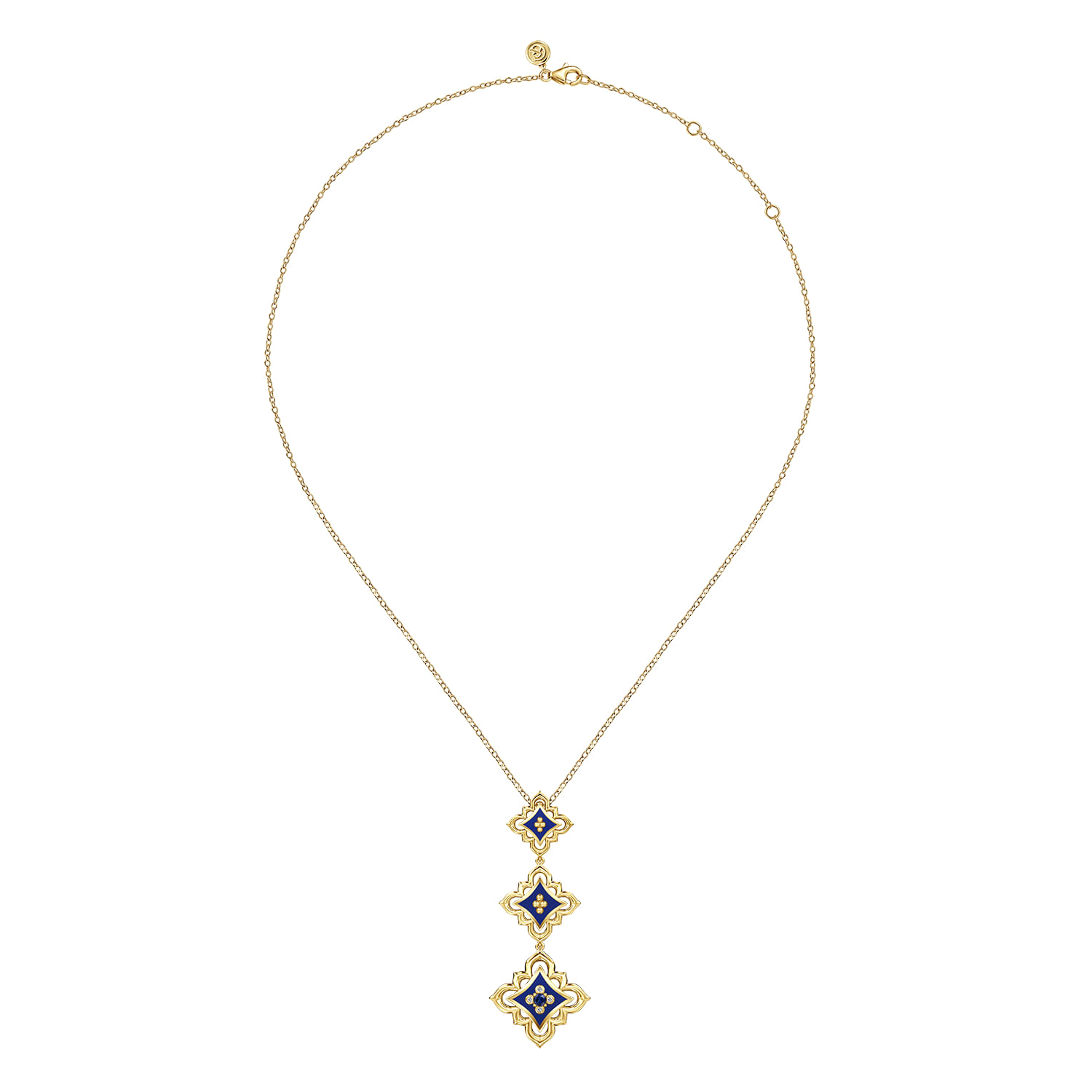 Byzantine Flower - 18K Yellow Gold Diamond and Blue Sapphire Beaded Floral Drop Necklace with Chrome Blue Enamel