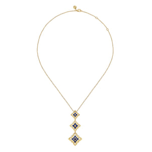 Byzantine Flower - 18K Yellow Gold Diamond and Blue Sapphire Beaded Floral Drop Necklace with Chrome Blue Enamel