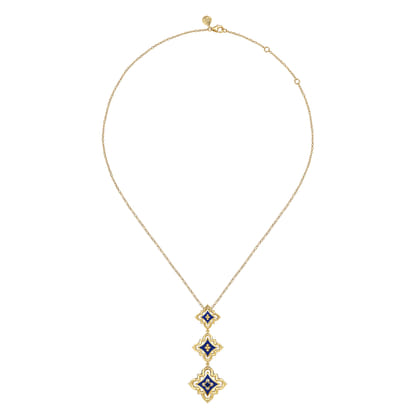 Byzantine Flower - 18K Yellow Gold Diamond and Blue Sapphire Beaded Floral Drop Necklace with Chrome Blue Enamel