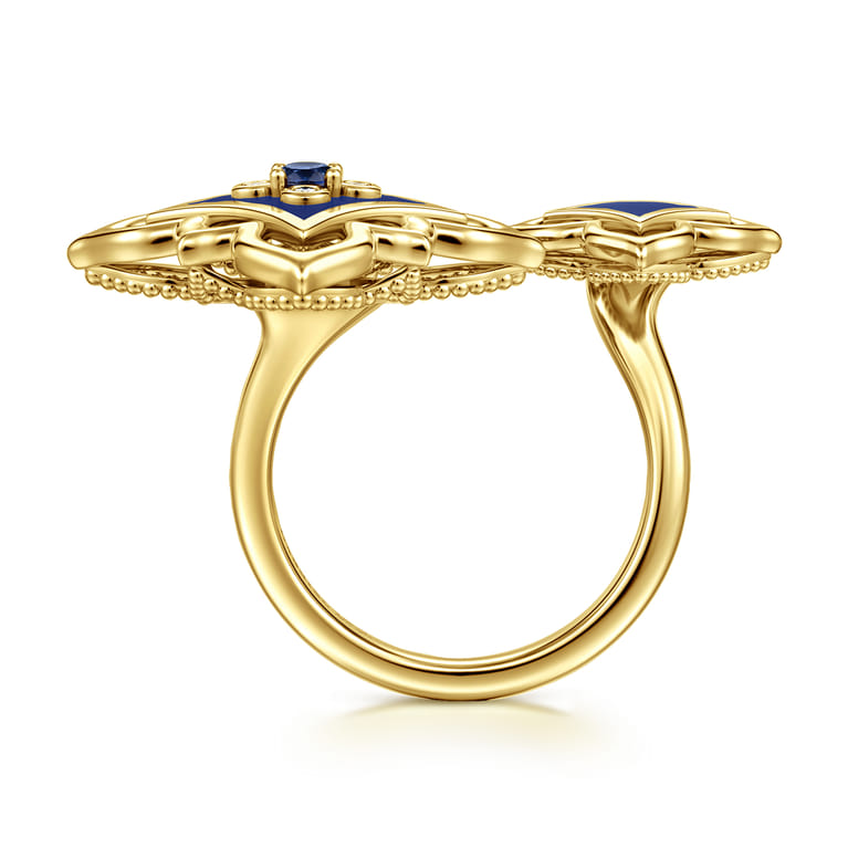 Byzantine Flower - 18K Yellow Gold Diamond and Blue Sapphire Floral Open Ring with Chrome Blue Enamel - 0.04 ct - Shot 2