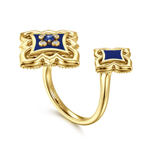 Byzantine Flower - 18K Yellow Gold Diamond and Blue Sapphire Floral Open Ring with Chrome Blue Enamel